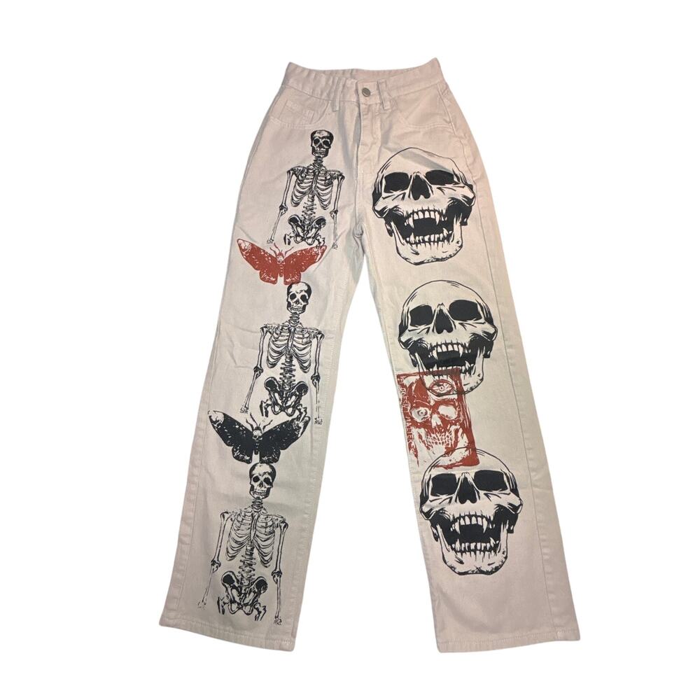 Romwe Jeans Womens 22x28 Beige Wideleg Baggy Skull Butterfly Grunge Punk Y2K